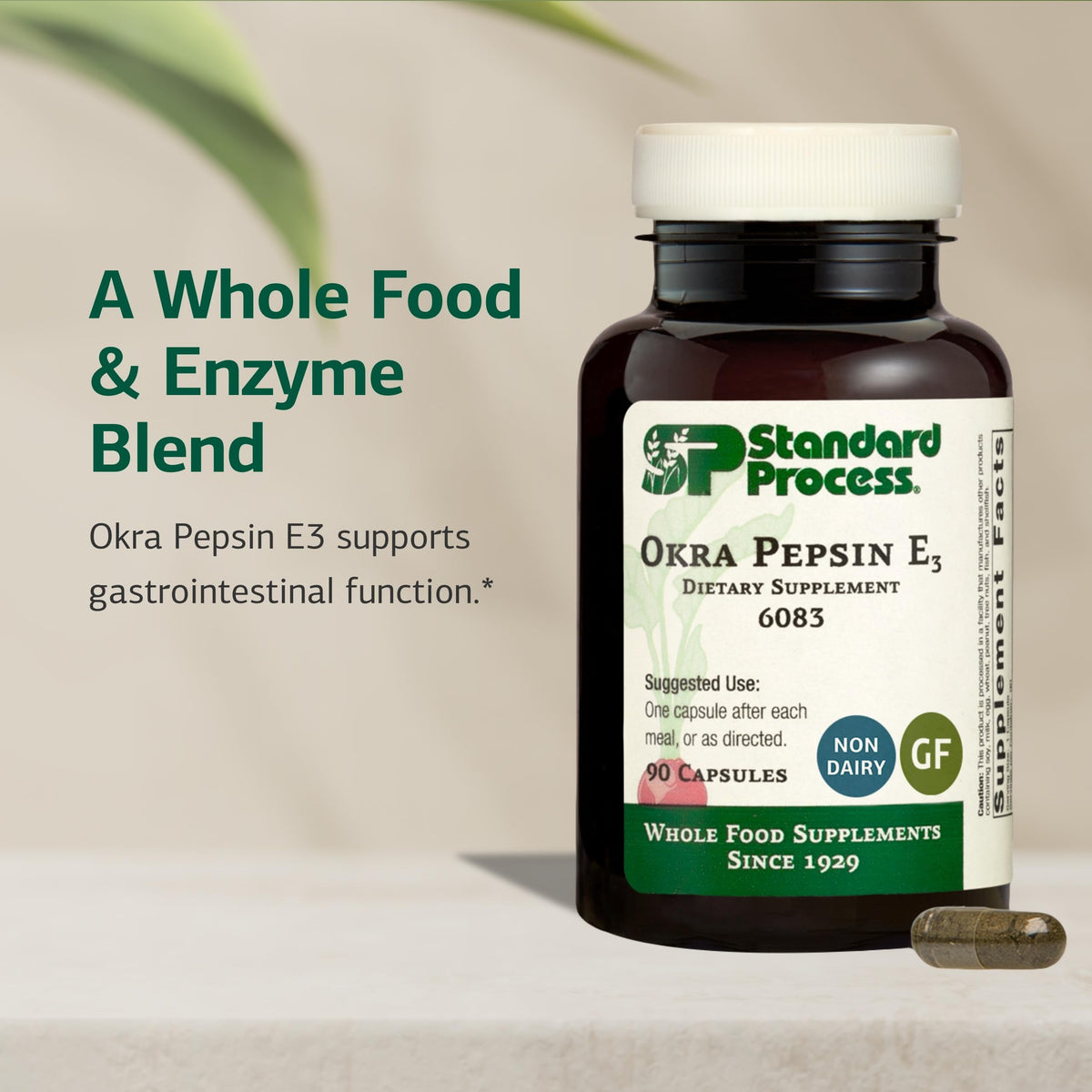 Capsules Standard Process Okra Pepsin E3 sur fond blanc