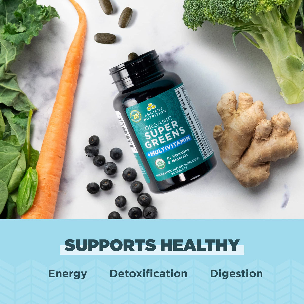 Capsules Super Greens Ancient Nutrition sur une table