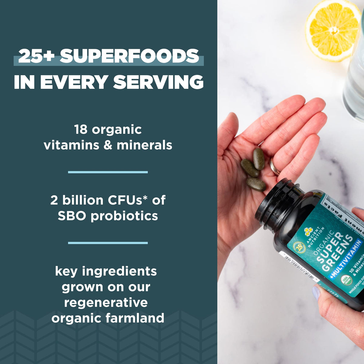 Capsules Super Greens Ancient Nutrition vue de côté
