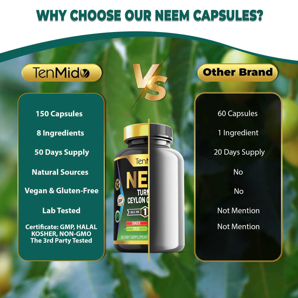 Capsules Tenmido Neem 8 en 1 sur fond blanc