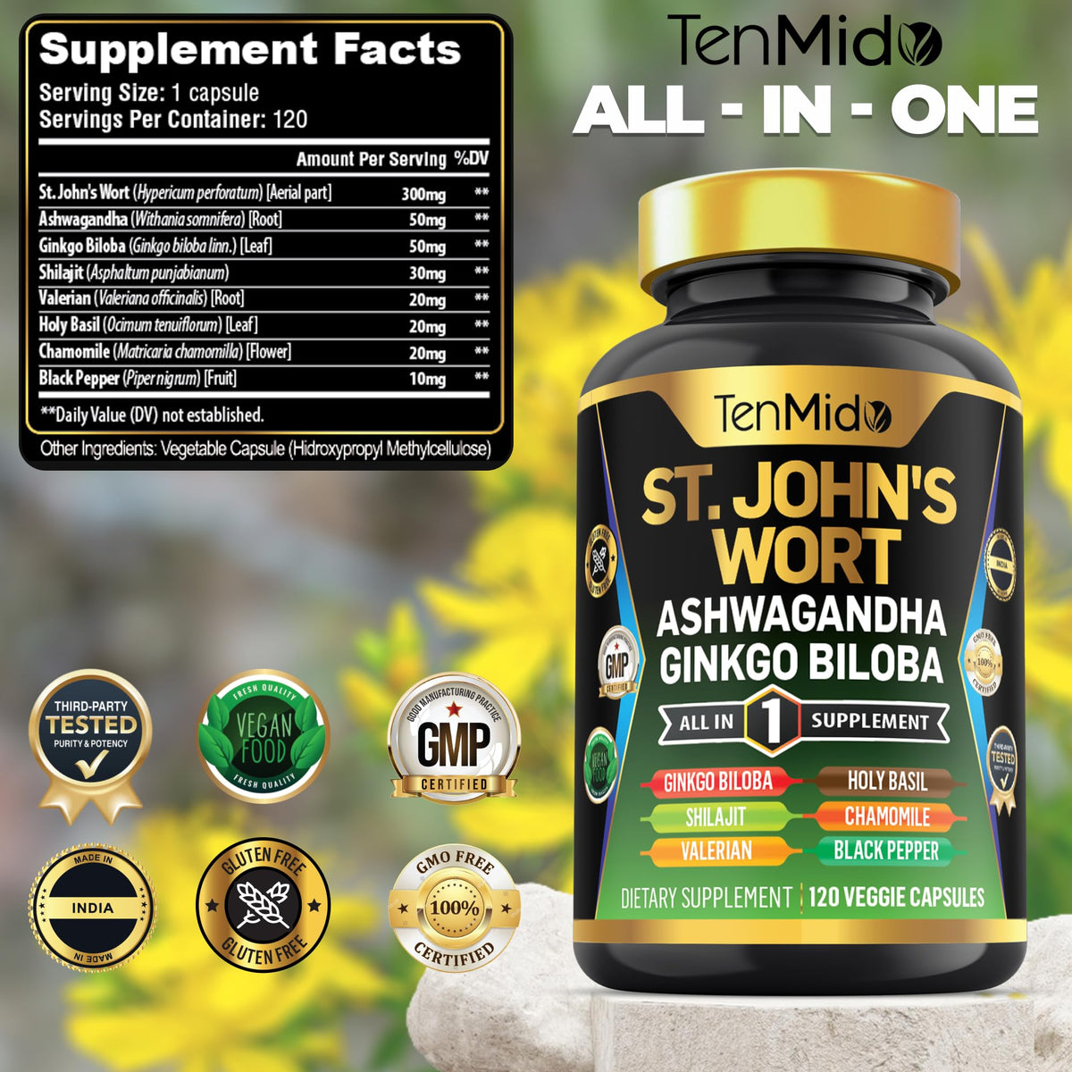 Capsules Tenmido St. John's Wort sur une surface en bois