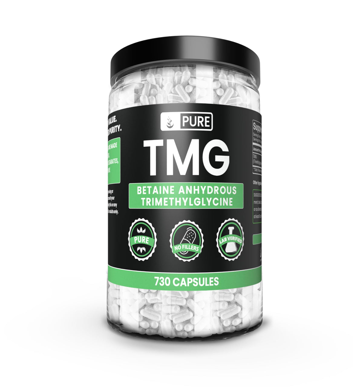 Capsules TMG Trimethylglycine 730 de PURE ORIGINAL INGREDIENTS, vue de face
