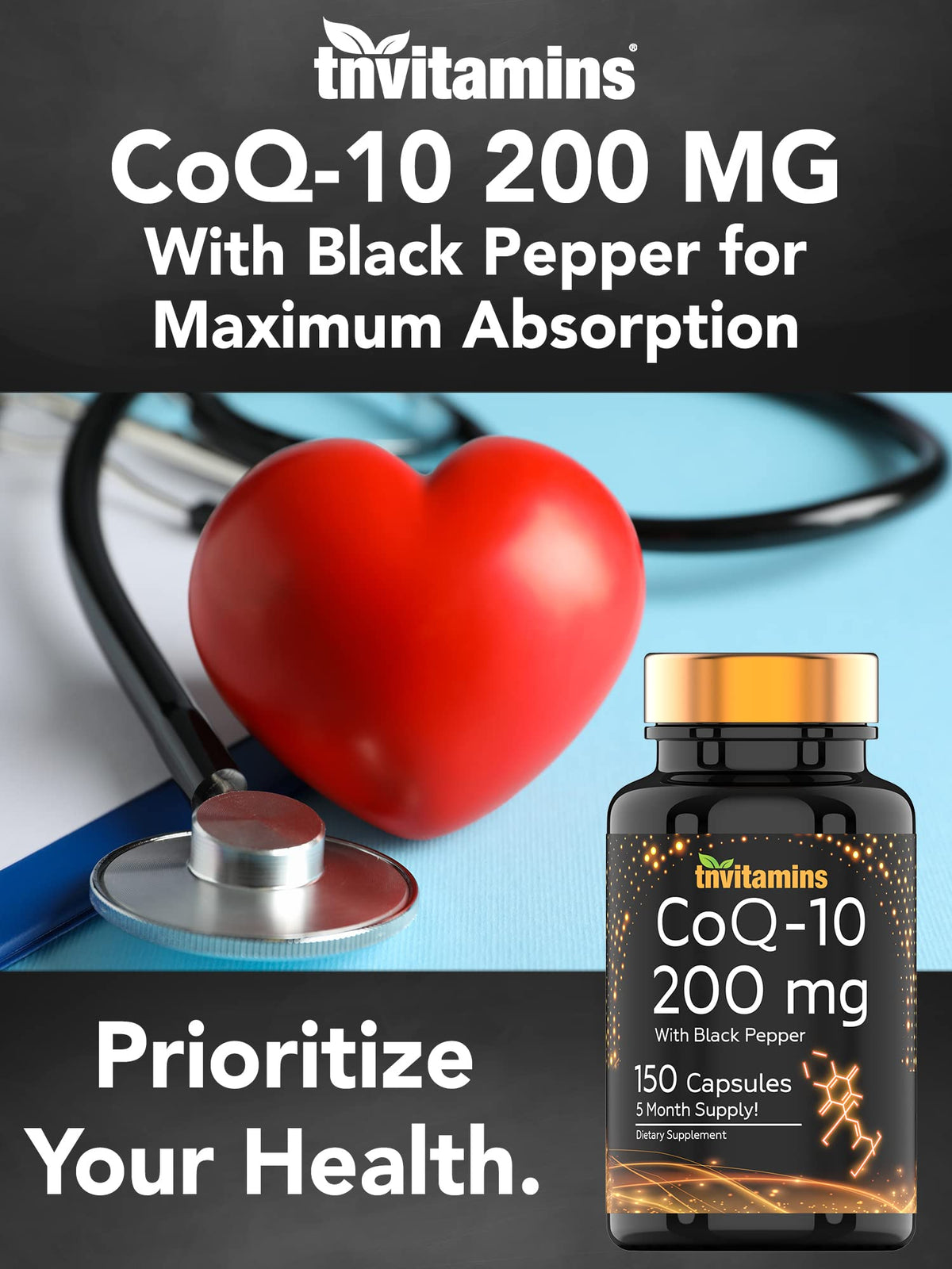 Capsules tnvitamins CoQ-10 200mg sur fond blanc