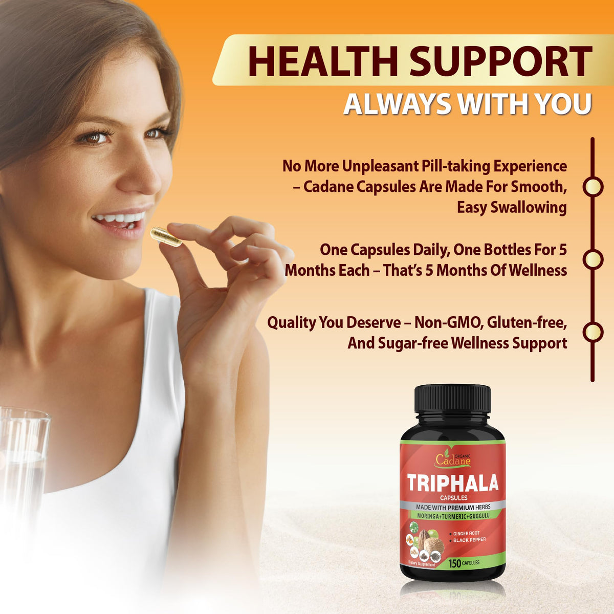 Capsules Triphala Organic Cadane avec étiquette détaillant les ingrédients