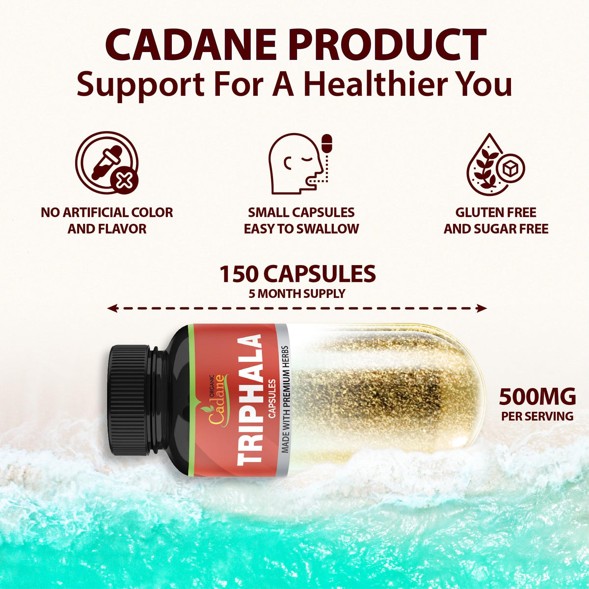 Capsules Triphala Organic Cadane avec ingrédients naturels en arrière-plan