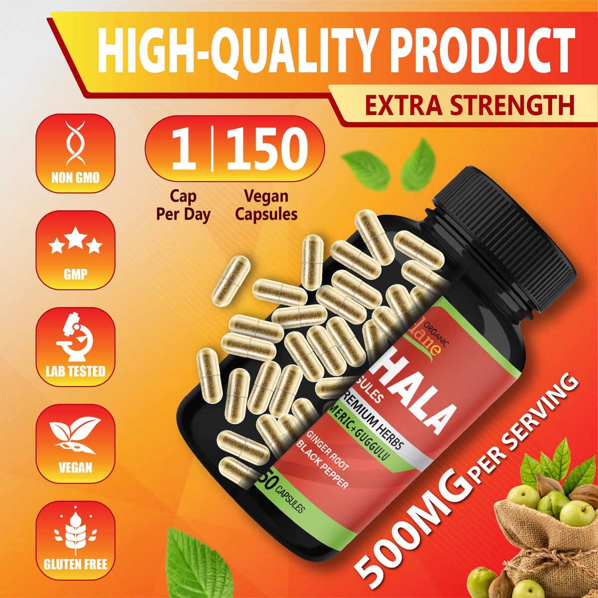 Capsules Triphala Organic Cadane sur un fond naturel