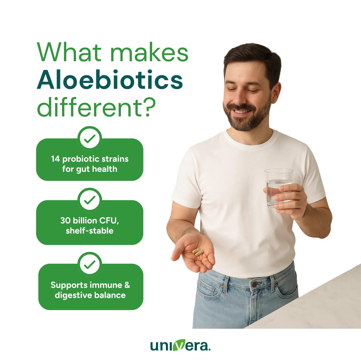 Capsules Univera sur une surface blanche