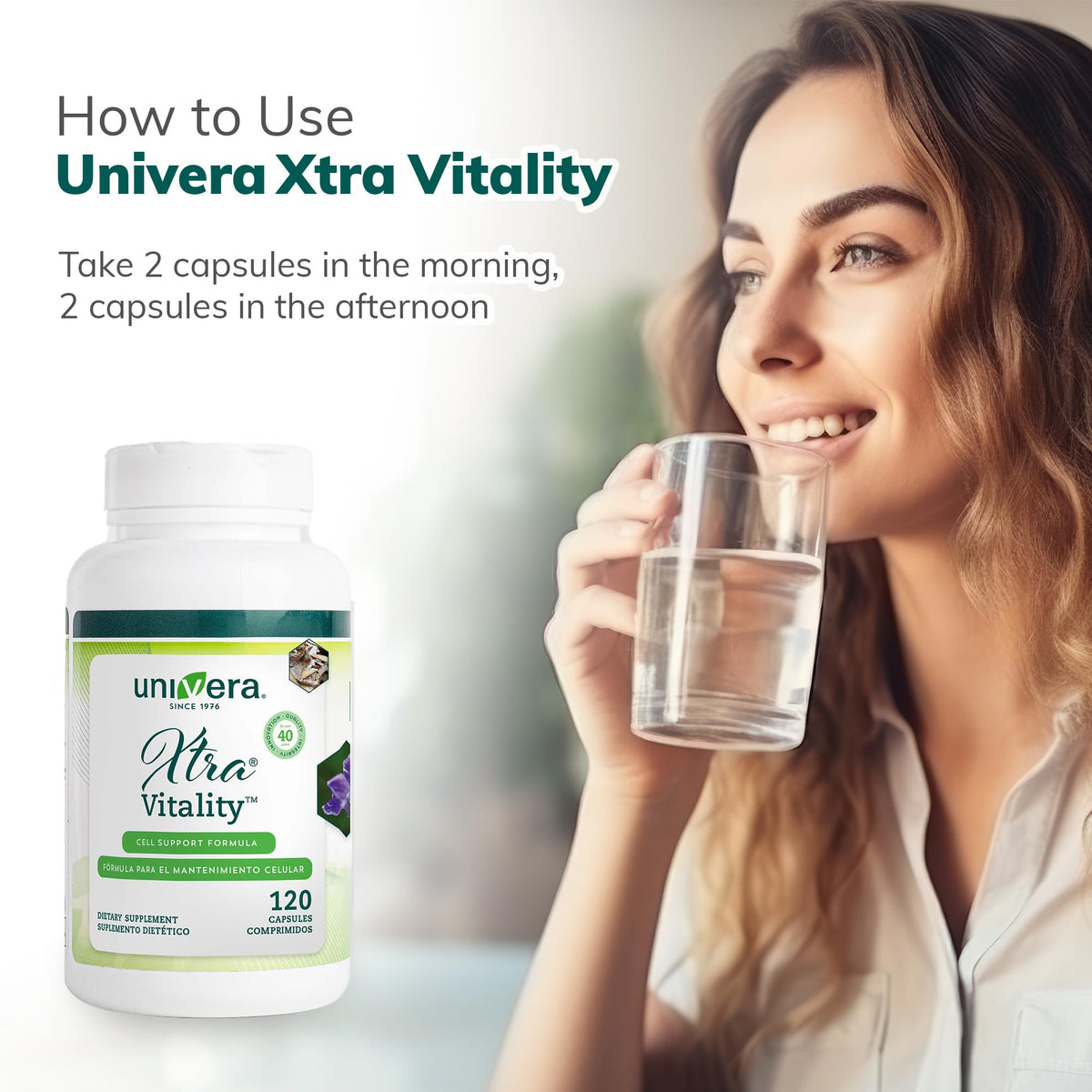 Capsules Univera Xtra Vitality sur un fond neutre