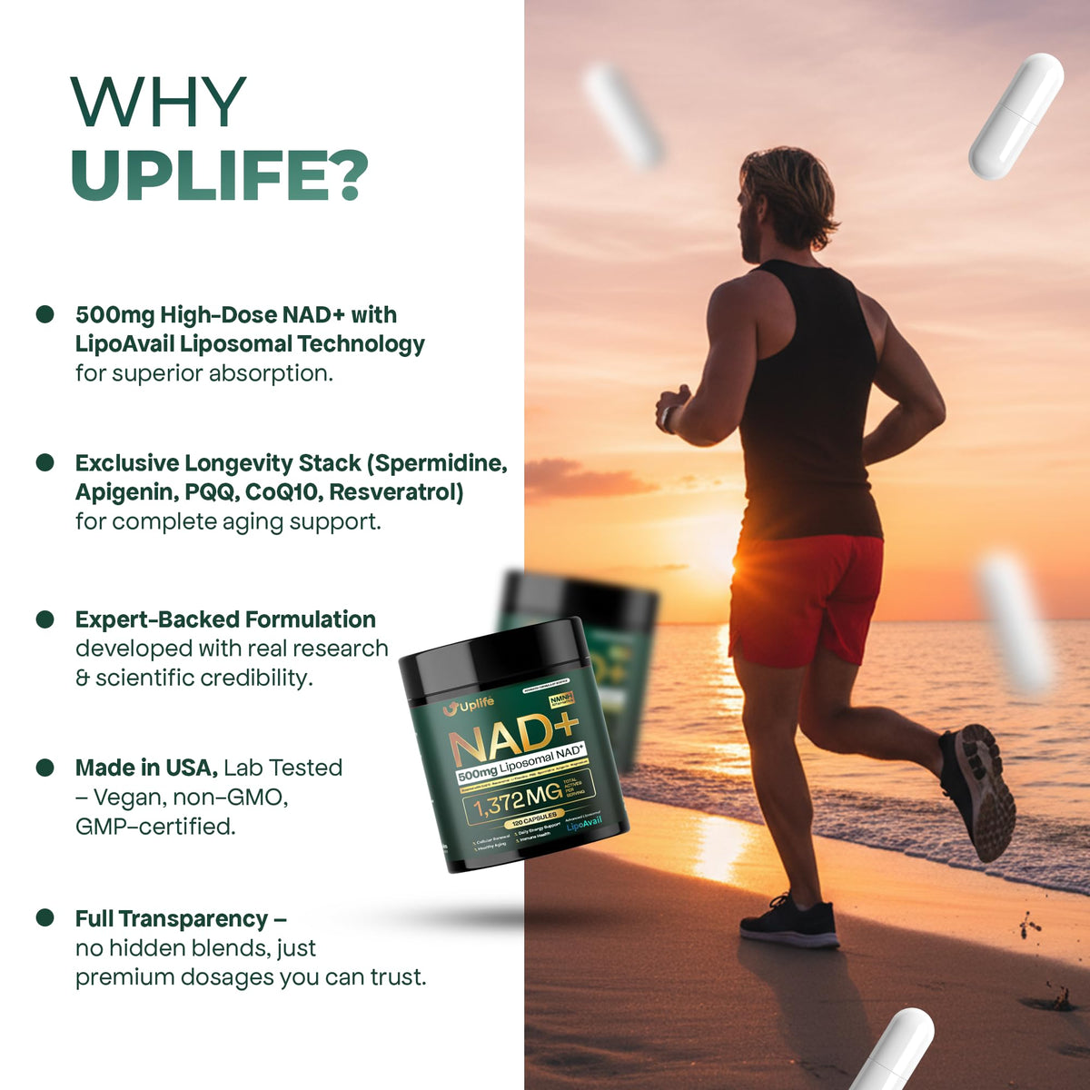 Capsules UPLIFE NAD+ sur un fond neutre