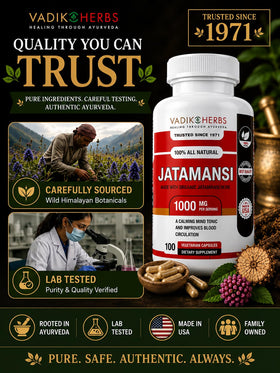 Capsules Vadik Herbs Jatamansi avec des herbes en arrière-plan