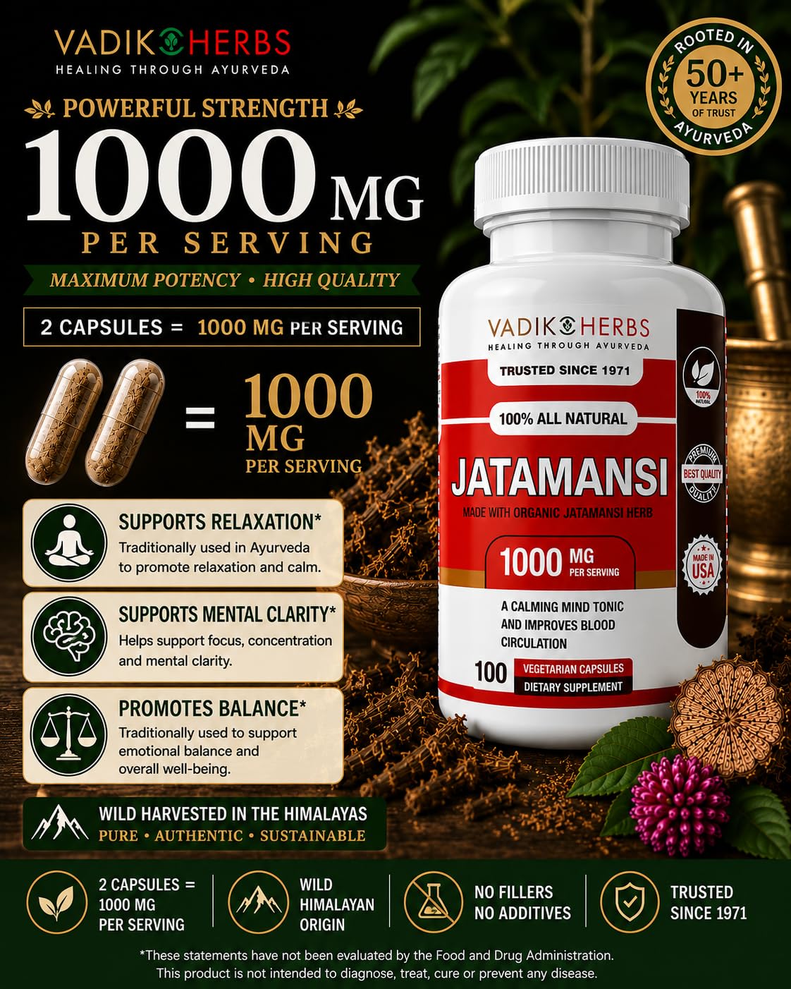 Capsules Vadik Herbs Jatamansi sur fond blanc