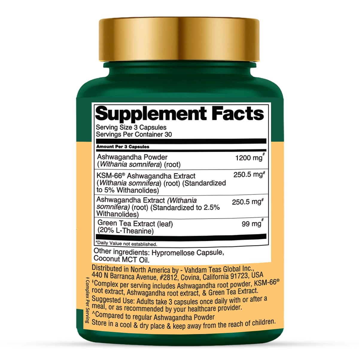 Capsules VAHDAM Ashwagandha 1800mg sur fond blanc