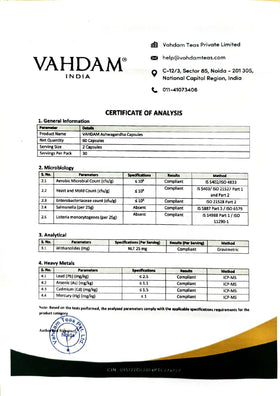 Capsules VAHDAM Ashwagandha sur une table en bois