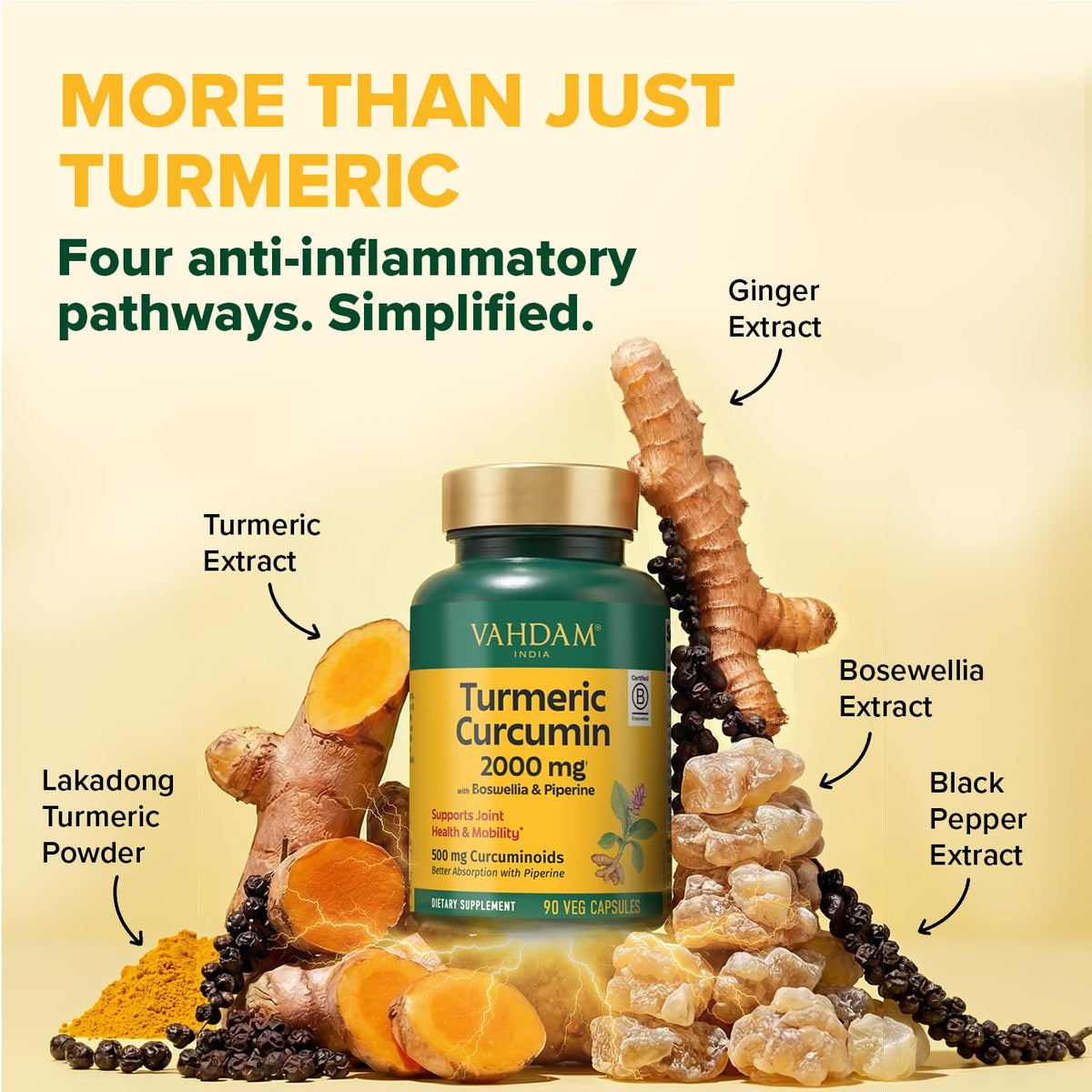 Capsules VAHDAM Curcuma avec racine de curcuma en arrière-plan