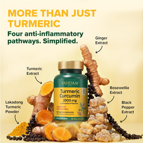 Capsules VAHDAM Curcuma avec racine de curcuma en arrière-plan