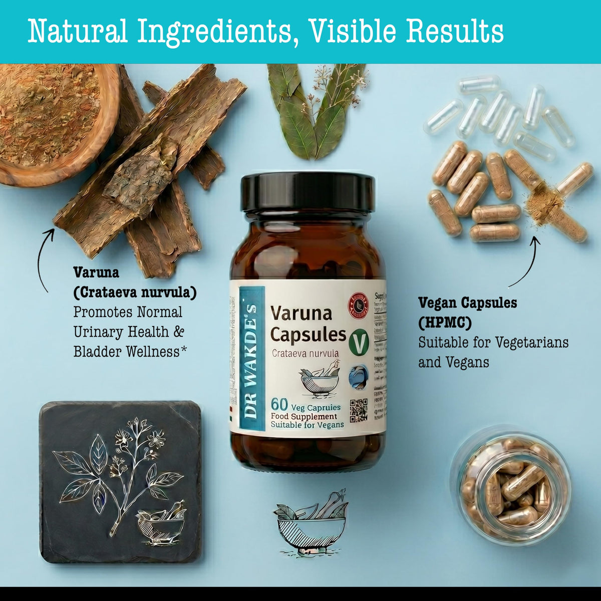 Capsules Varuna ouvertes avec poudre d'écorce de Crataeva nurvula