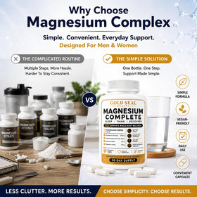 Capsules vegan de Magnésium Gold Seal Health sur une table