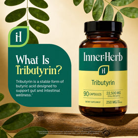 Capsules vegan InnerHerb Tributyrin 250mg sur un fond blanc