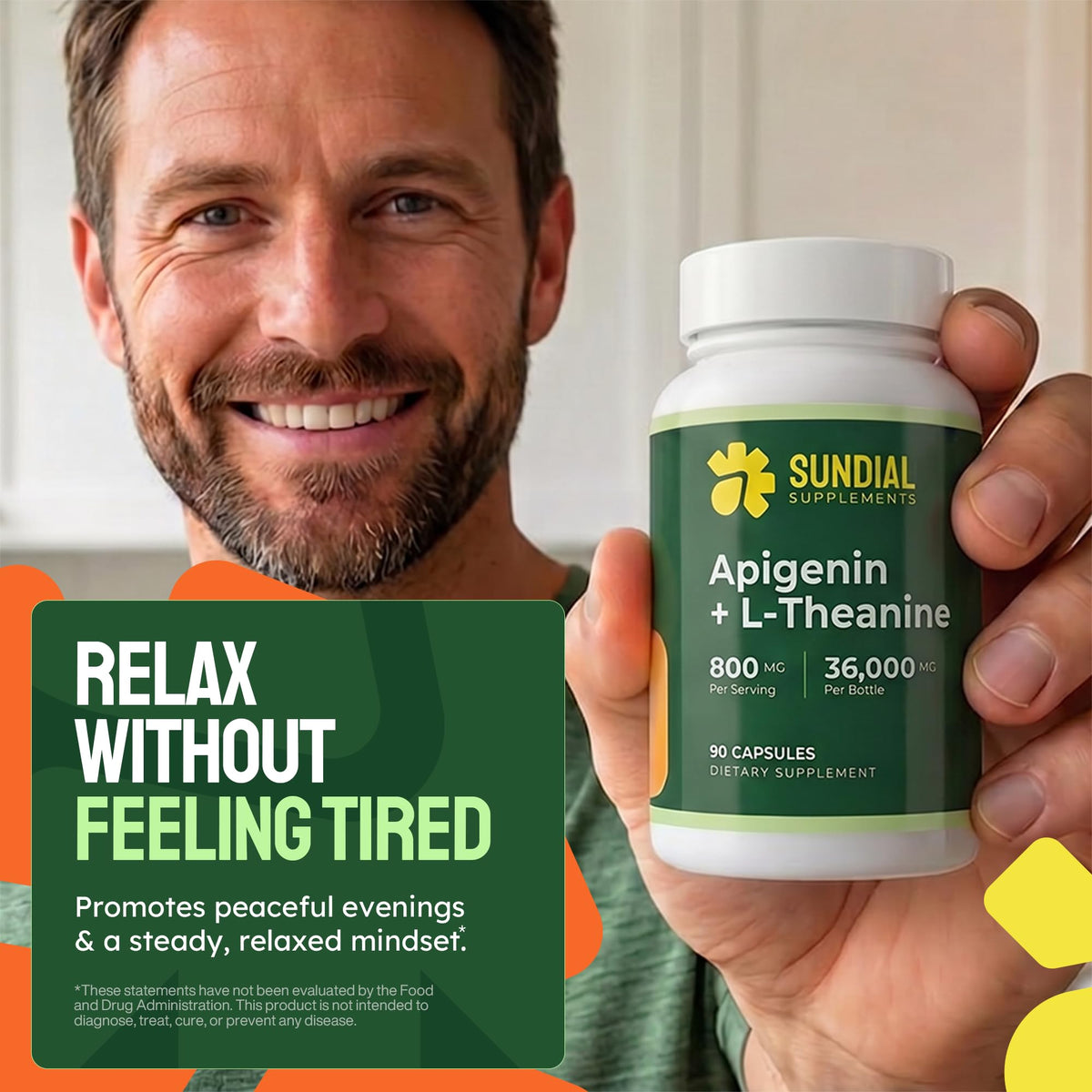 Capsules vegan SUNDIAL SUPPLEMENTS Apigenin et L-Theanine sur fond blanc