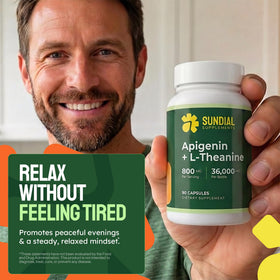 Capsules vegan SUNDIAL SUPPLEMENTS Apigenin et L-Theanine sur fond blanc