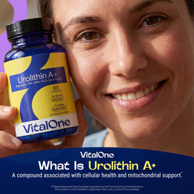 Capsules vegan VitalOne Urolithin A 632mg sur une surface blanche
