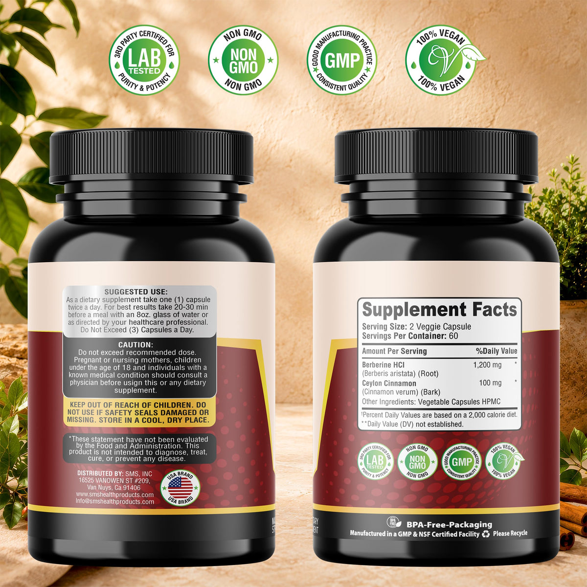 Capsules véganes Berbérine HCl 1200mg avec Cannelle de Ceylan, vue de près