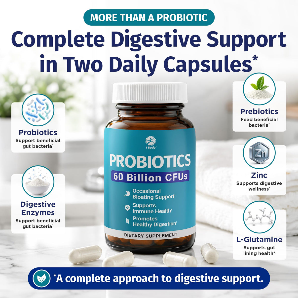 Capsules véganes de 1 Body Probiotic, vue rapprochée