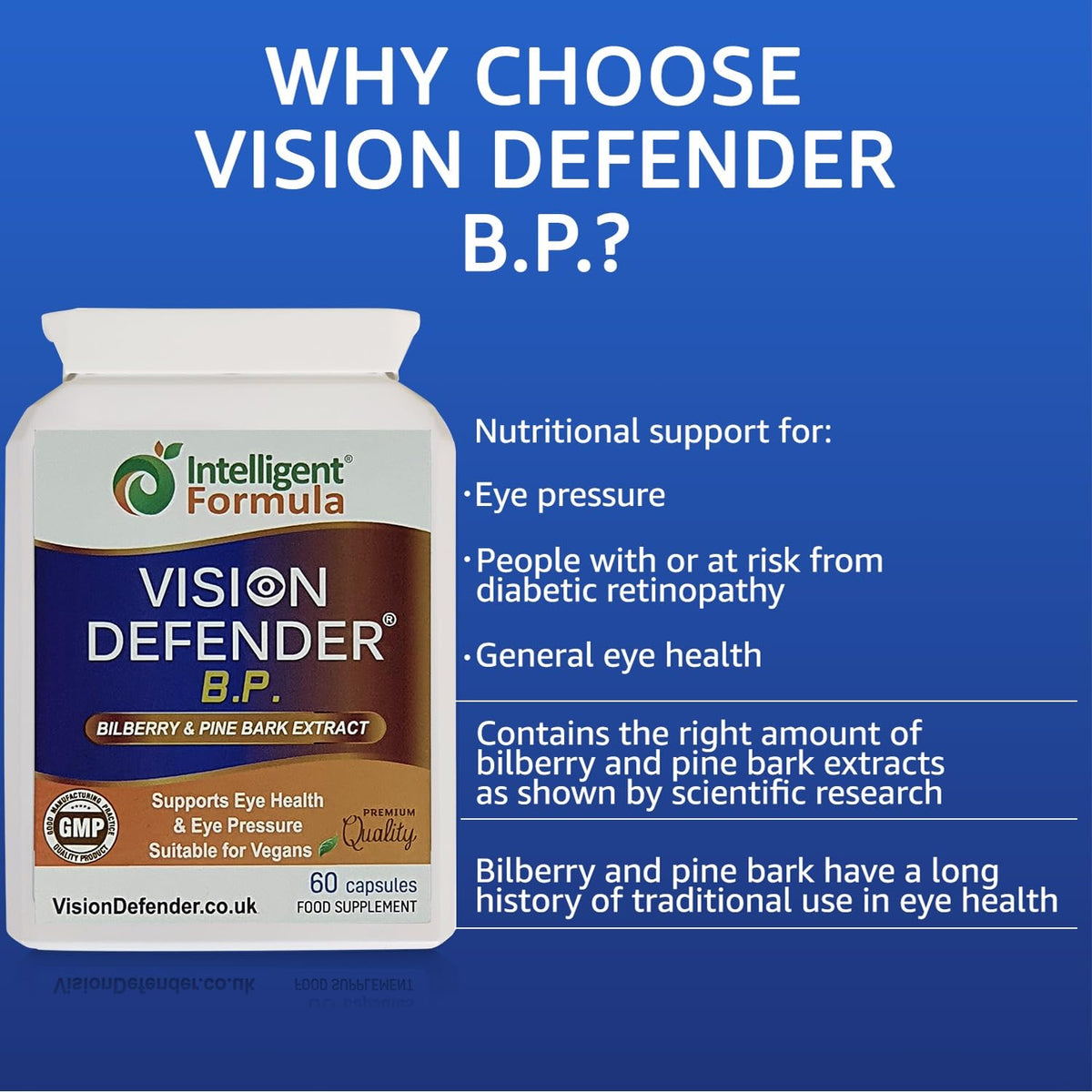 Capsules véganes Vision Defender BP sur une surface blanche