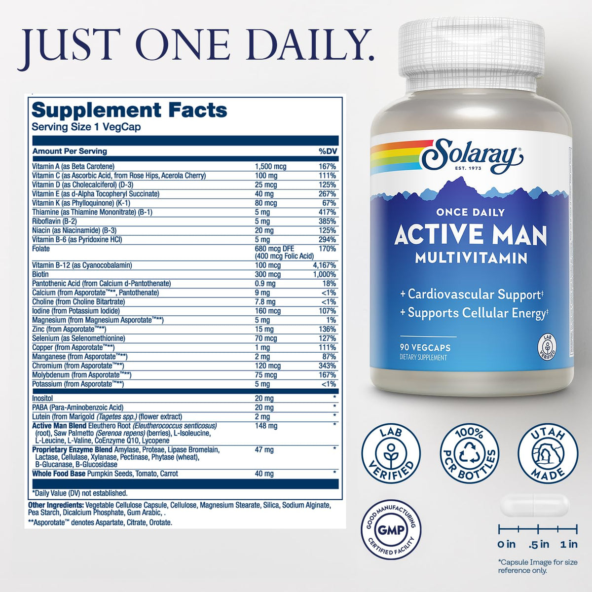 Capsules VegCaps de SOLARAY Multivitamine Homme Actif sur une surface blanche