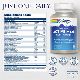 Capsules VegCaps de SOLARAY Multivitamine Homme Actif sur une surface blanche