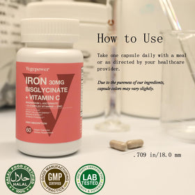 Capsules VEGEPOWER Fer Bisglycinate avec des ingrédients naturels en arrière-plan