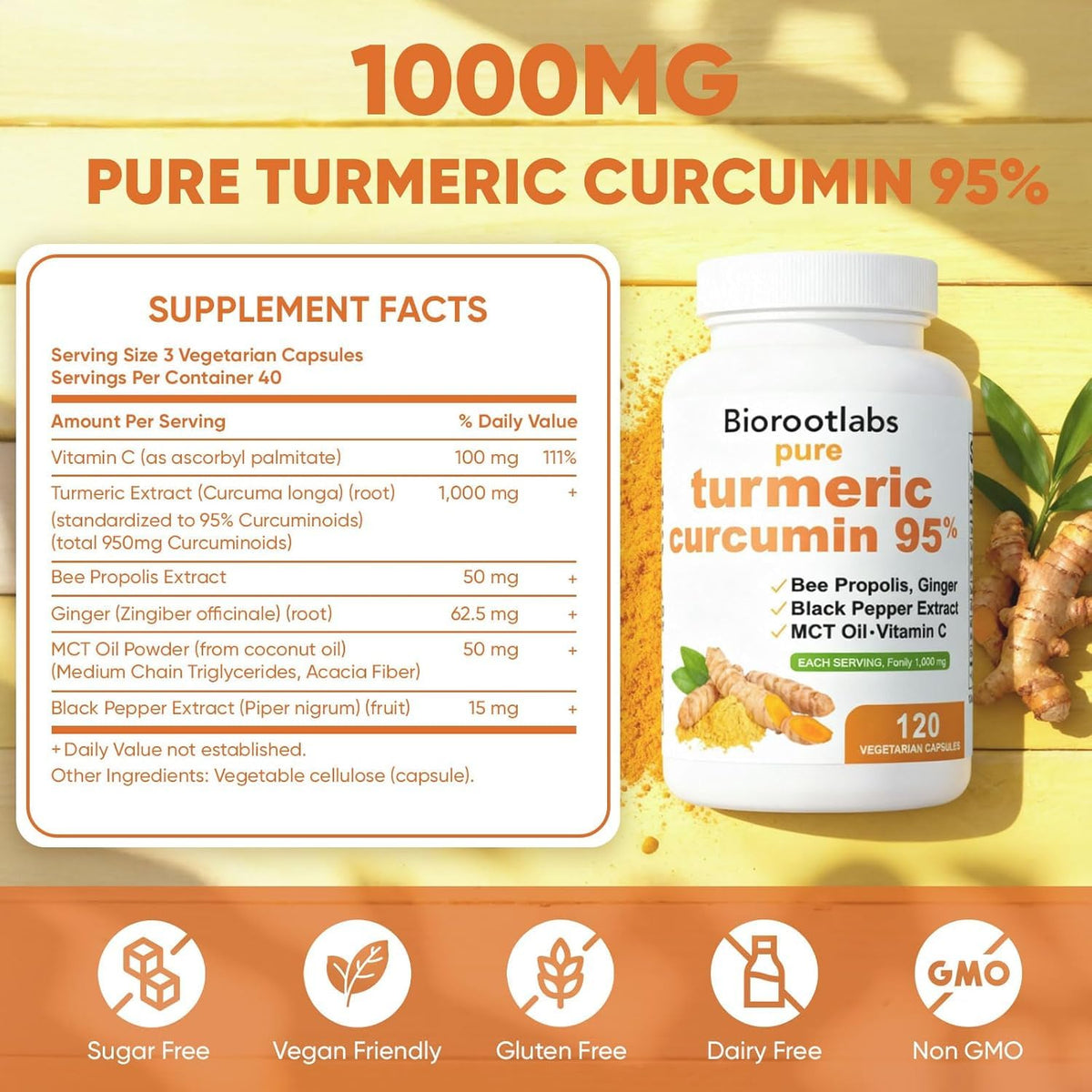 Capsules végétales Awjsde Curcuma 1000mg sur une surface blanche