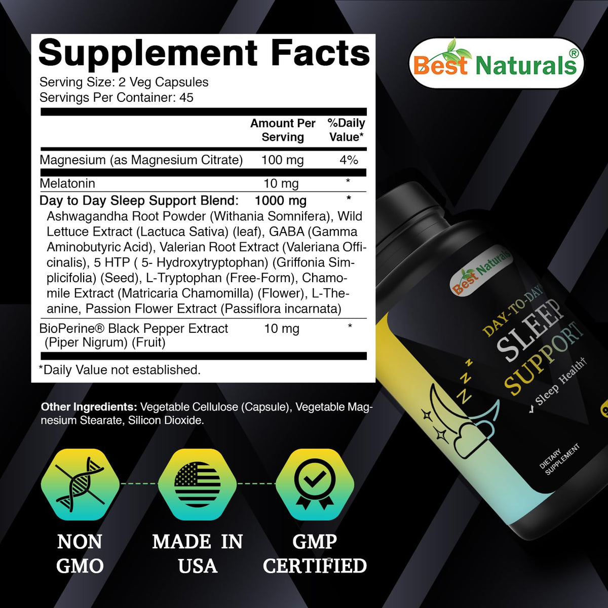 Capsules végétales Best Naturals Complément Alimentaire Sommeil sur fond blanc