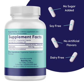 Capsules végétales BESTVITE Quercetin 500mg sur fond blanc