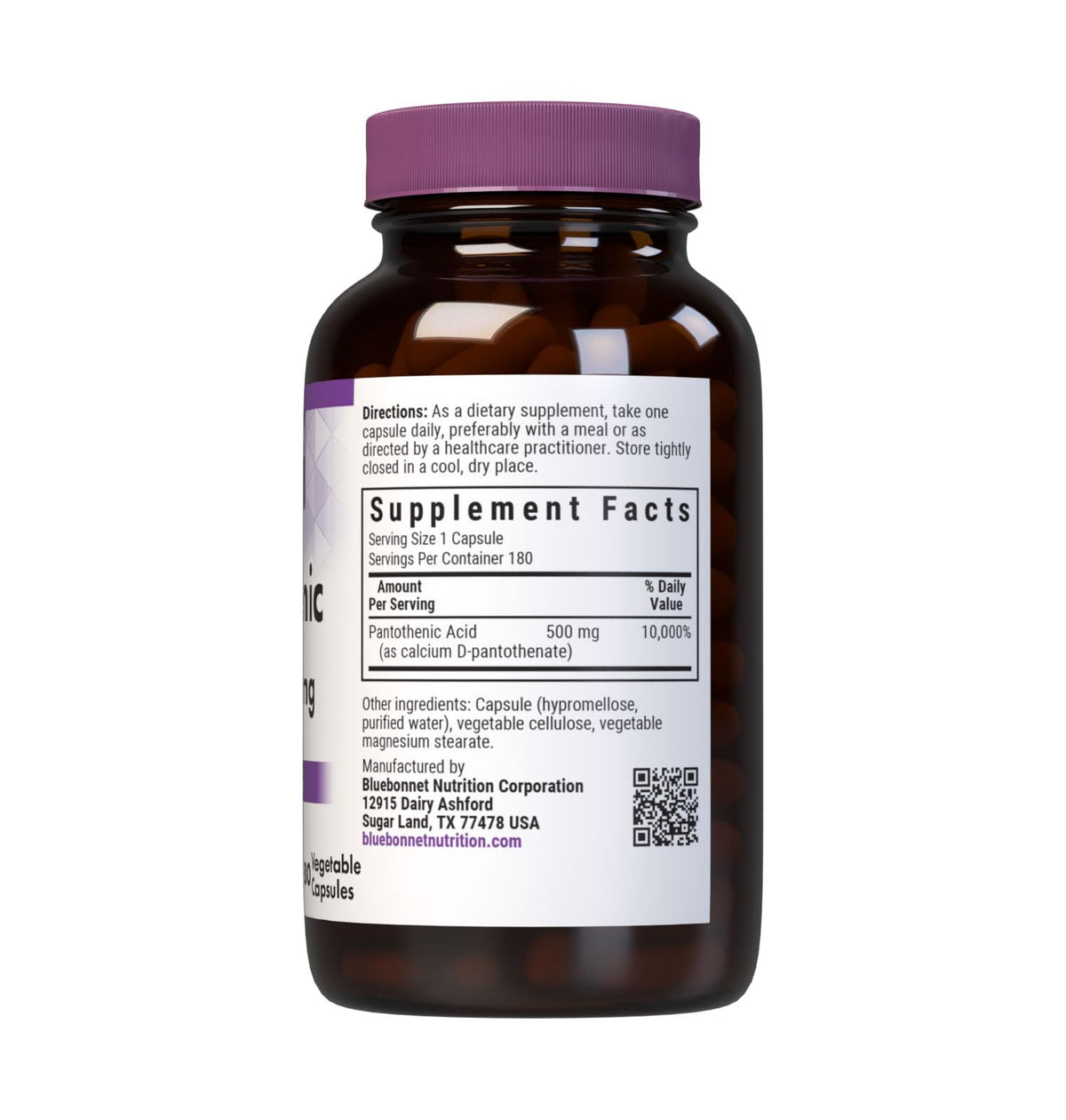 Capsules végétales BlueBonnet 500 mg avec étiquette visible