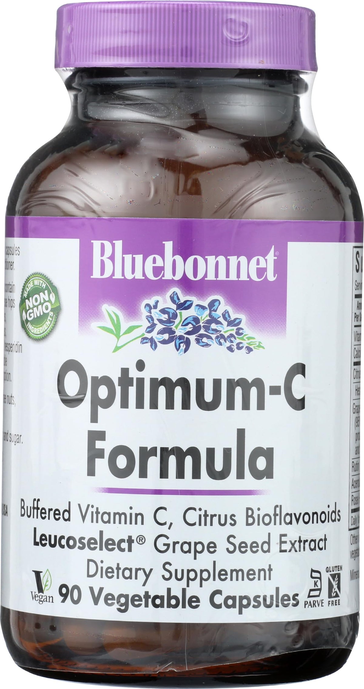 Capsules végétales BlueBonnet Optimum C avec ingrédients visibles
