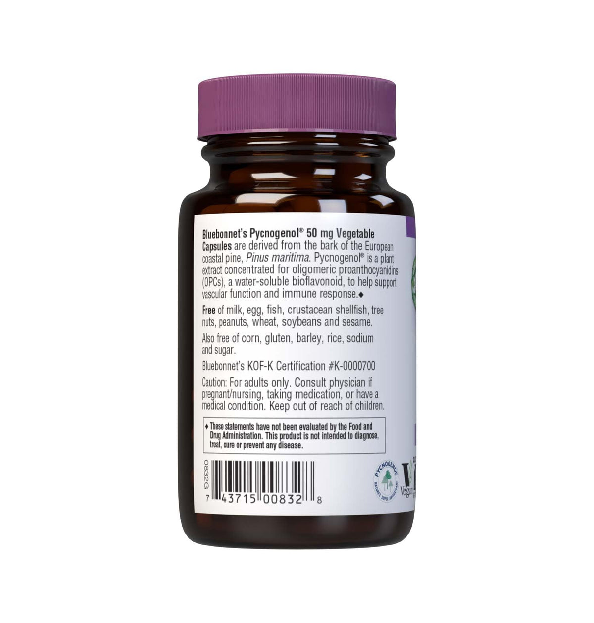 Capsules végétales BlueBonnet Pycnogenol 50 mg sur fond blanc
