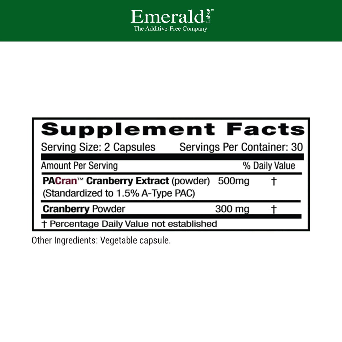 Capsules végétales d'extrait de canneberge EMERALD LABS sur fond blanc