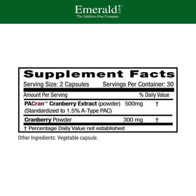 Capsules végétales d'extrait de canneberge EMERALD LABS sur fond blanc
