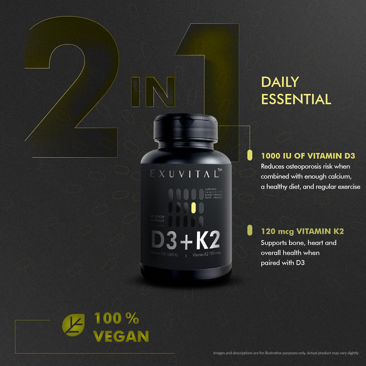 Capsules végétales d'EXUVITAL D3 & K2 sur une surface blanche