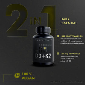 Capsules végétales d'EXUVITAL D3 & K2 sur une surface blanche