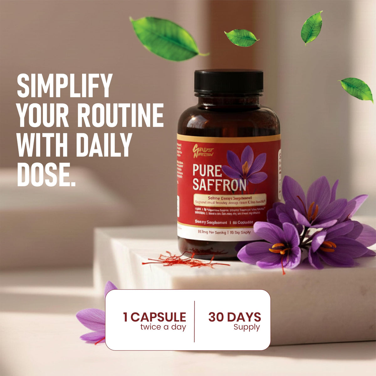 Capsules végétales de Catalyst Nutrition Extrait de Safran sur un fond neutre