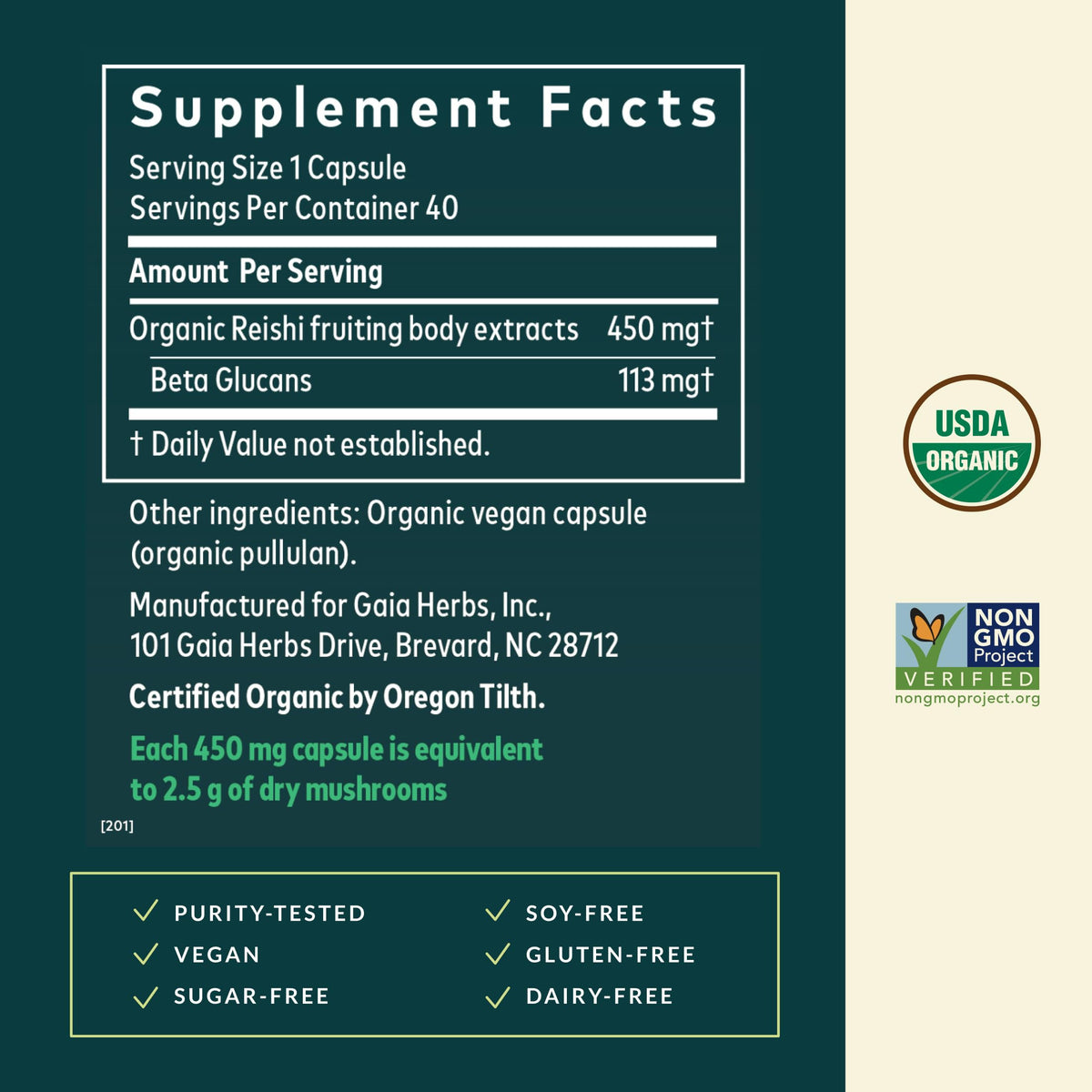 Capsules végétales de champignon Reishi Gaia Herbs sur une surface blanche