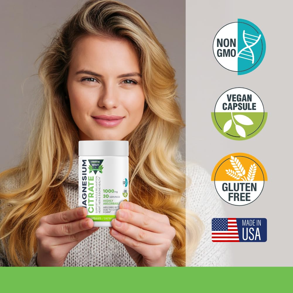 Capsules végétales de Citrate de Magnésium 1000mg de GREEN ROYALTY, vue de près