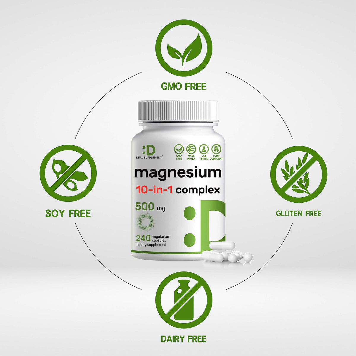 Capsules végétales de Complexe de Magnésium 500mg DEAL SUPPLEMENT sur fond blanc