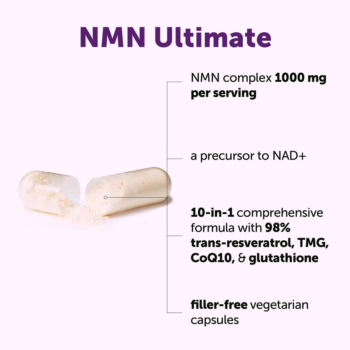 Capsules végétales de complexe NMN Micro Ingredients sur une surface en bois