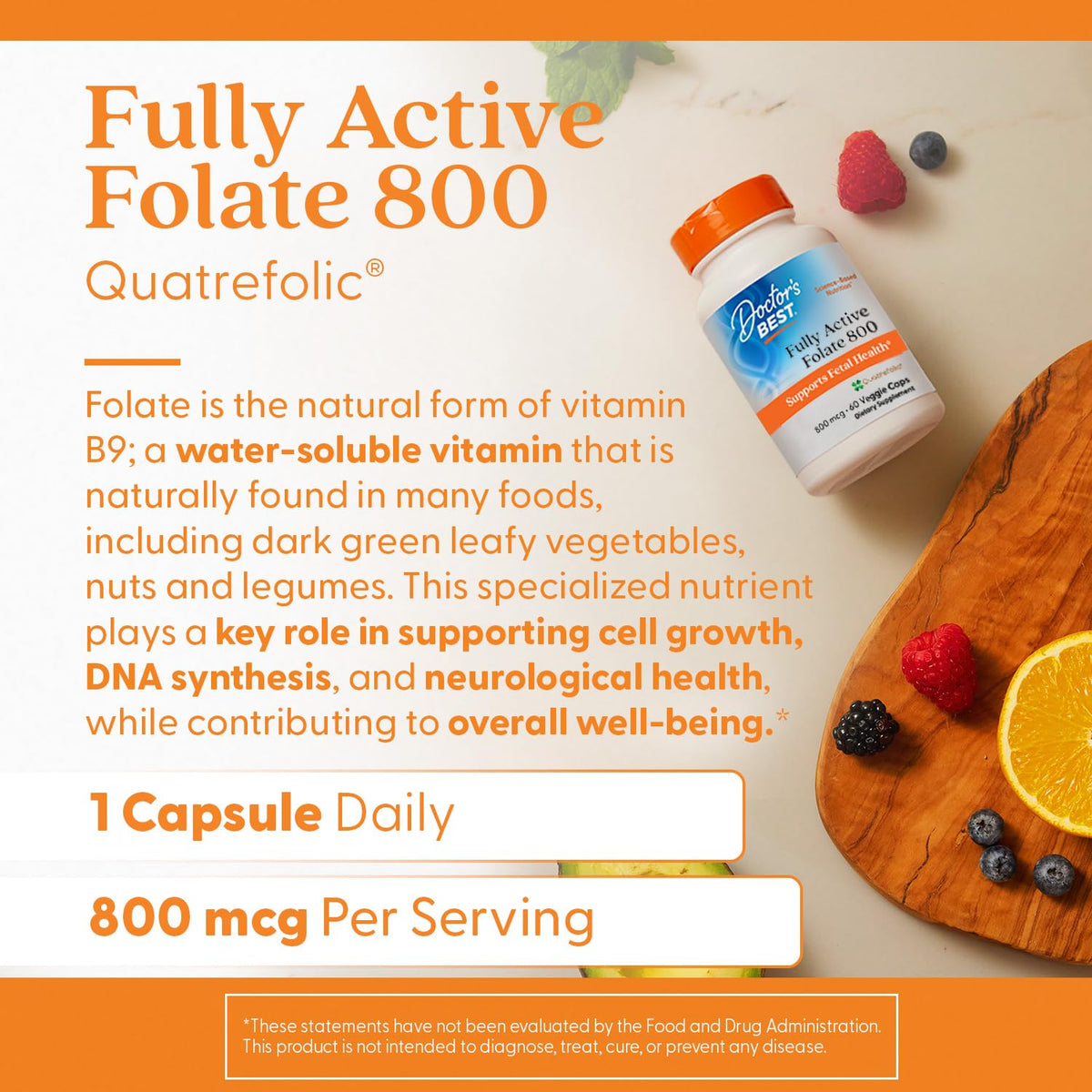 Capsules végétales de Folate 800 mcg de Doctor's BEST sur fond blanc