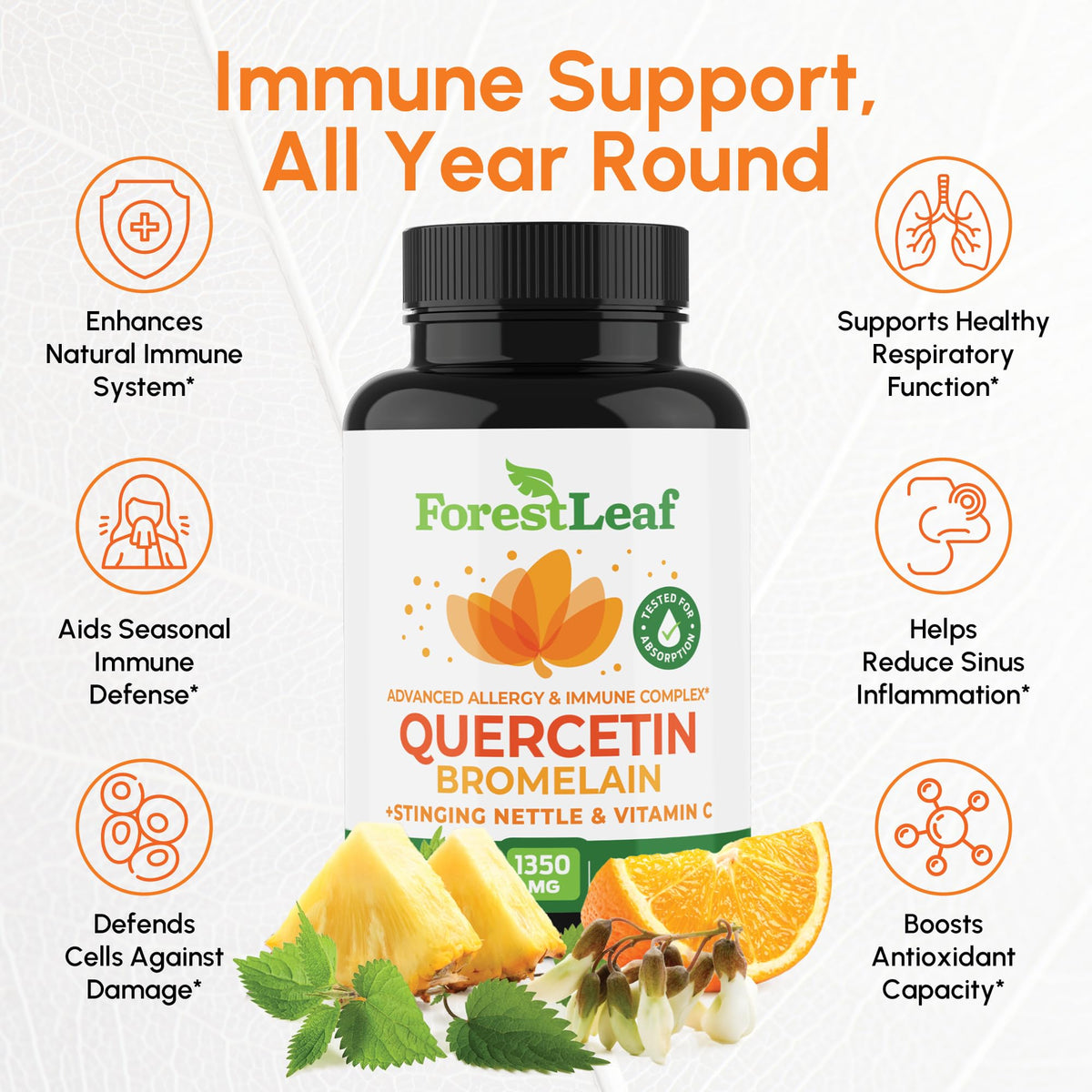 Capsules végétales de ForestLeaf Quercétine 1350mg sur fond blanc
