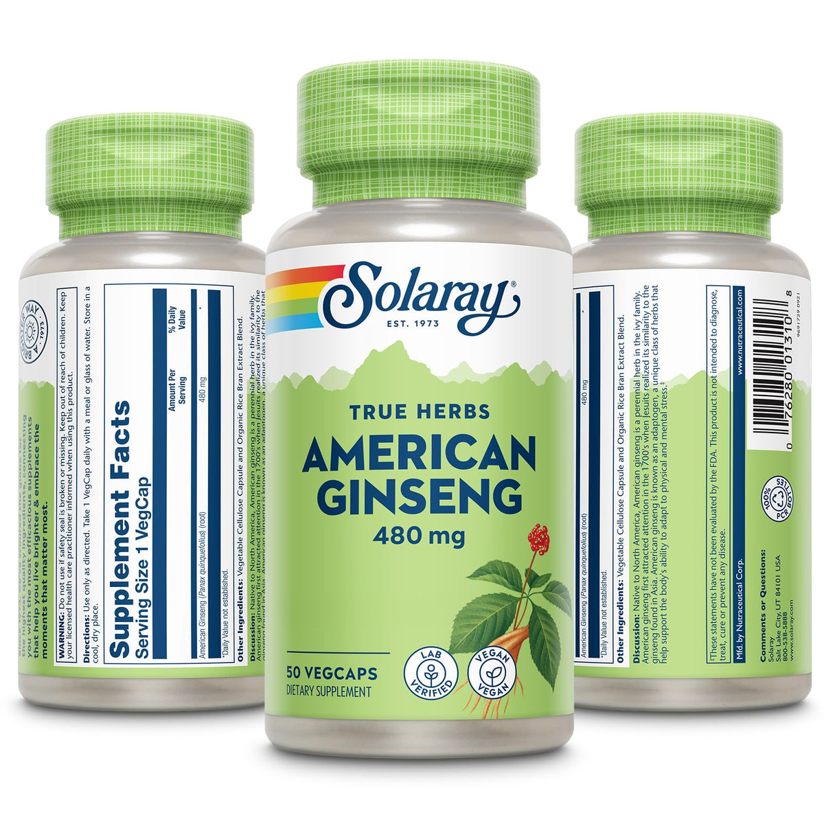 Capsules végétales de ginseng américain SOLARAY sur une surface blanche