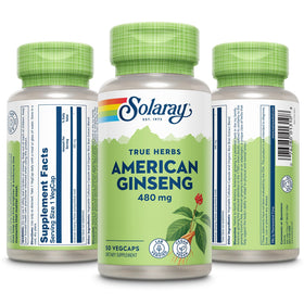 Capsules végétales de ginseng américain SOLARAY sur une surface blanche